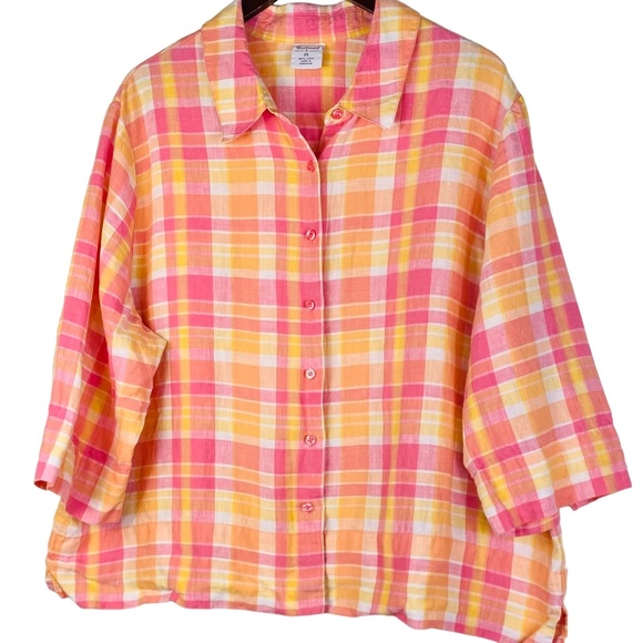 Westbound Sz 2X XXL 18 20 Shirt Top Blouse Plaid LINEN Pink Orange Button Down - Picture 1 of 2